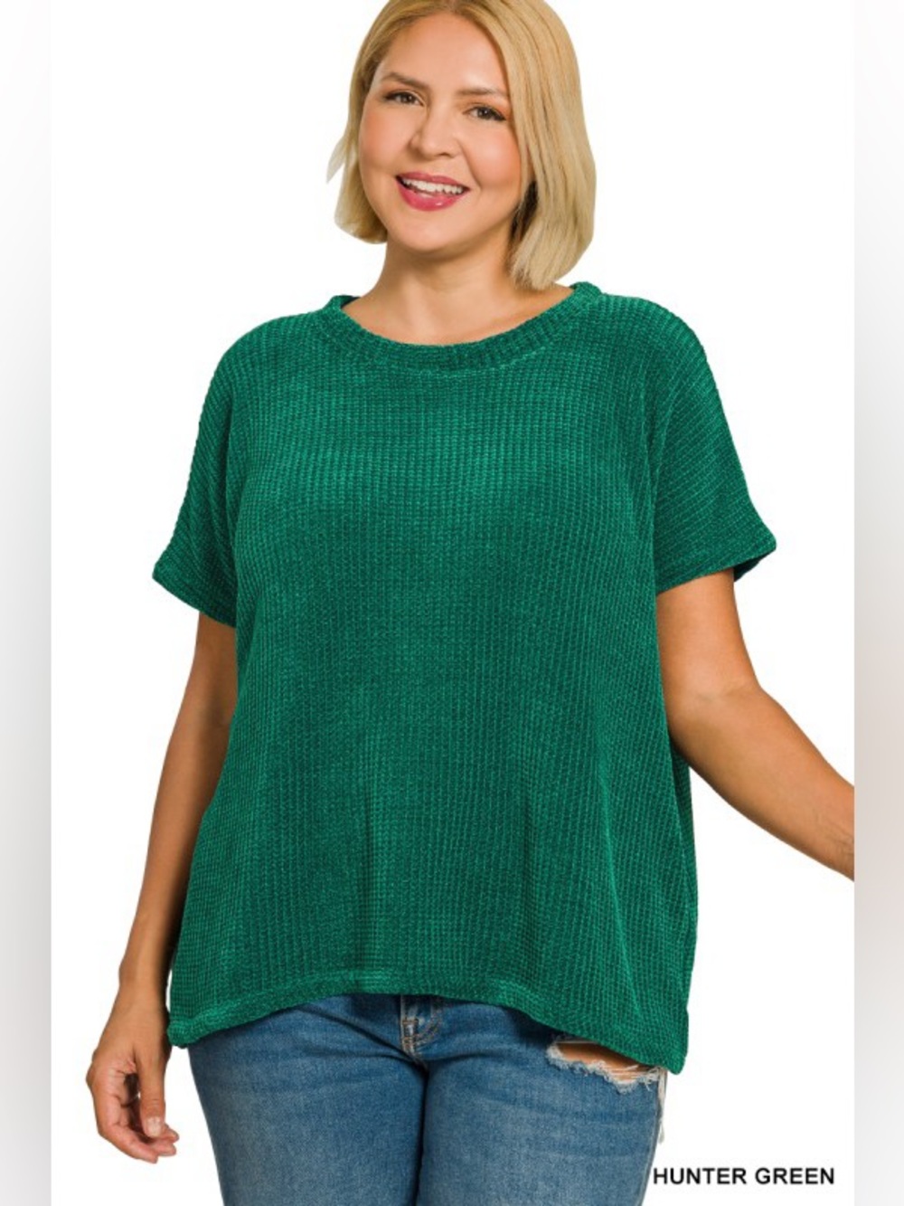 Hunter Green Zenana PLUS CHENILLE WAFFLE CAP SLEEVE SWEATER